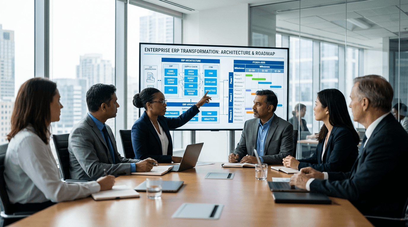 Enterprise professionals collaborating on technology delivery in a modern workspace
